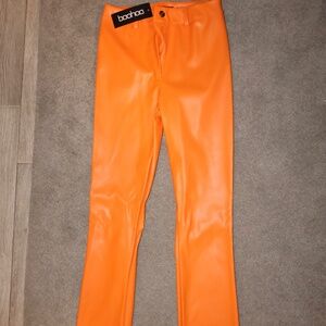 NWT Boohoo Orange Faux Leather Pants Size 6